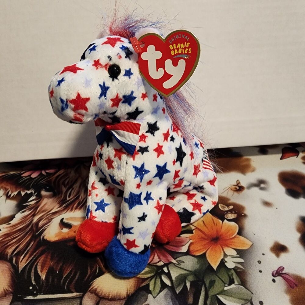 Ty Beanie Baby Lefty 2004 The Donkey Patriotic Stars Election Plush with MWMT